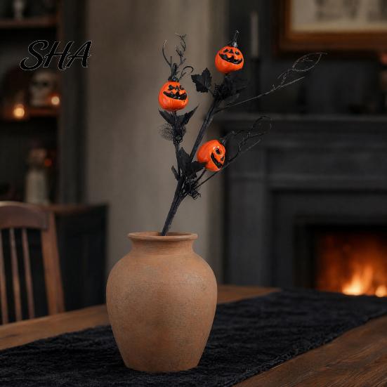 Simulated Pumpkin with Leaves Artificial Stems, Halloween Black Branch Maple Leaves, Fake Orange Smiling Face Gothic Floral Arrangement for