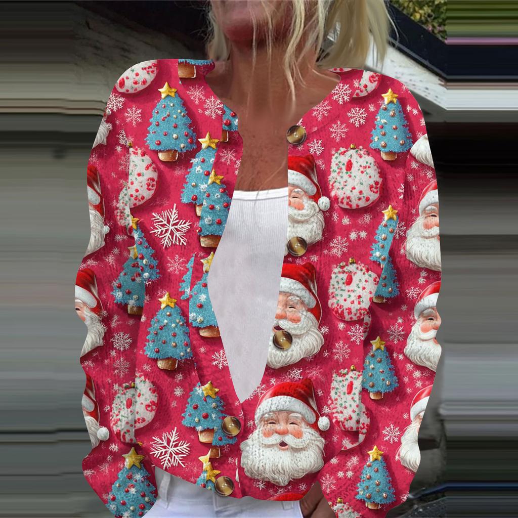 Women's Fashion Christmas Printed Long Sleeve Knitted Cardigan Button Down Jacket