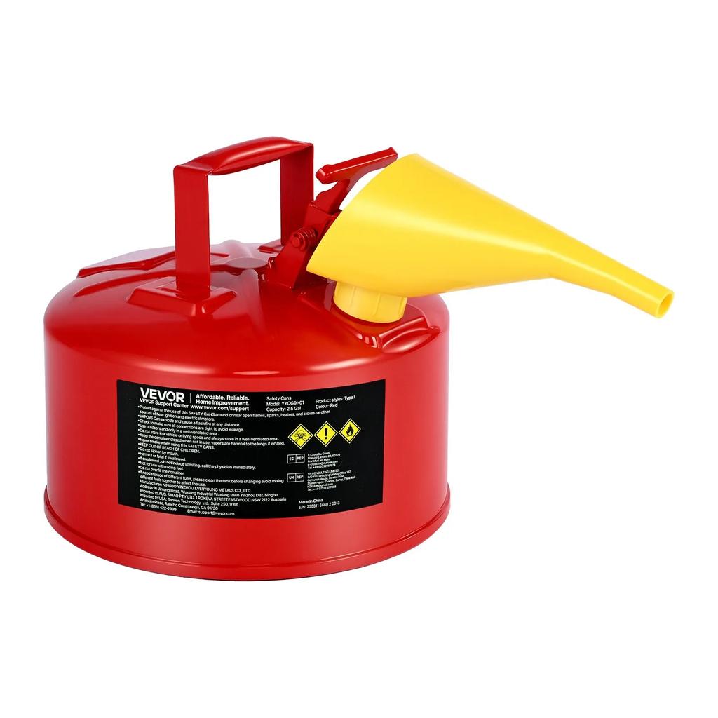 VEVOR Safety Gas Can, 9.5 L Type I Red Safety Can for Gasoline with Stainless Steel Flame Arrester, Self-Closing Lid, and PE Funnel
