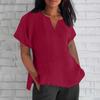 Women's Fashion Short Sleeve V-Neck Solid Colour Loose Casual Shirt Cotton Blouse