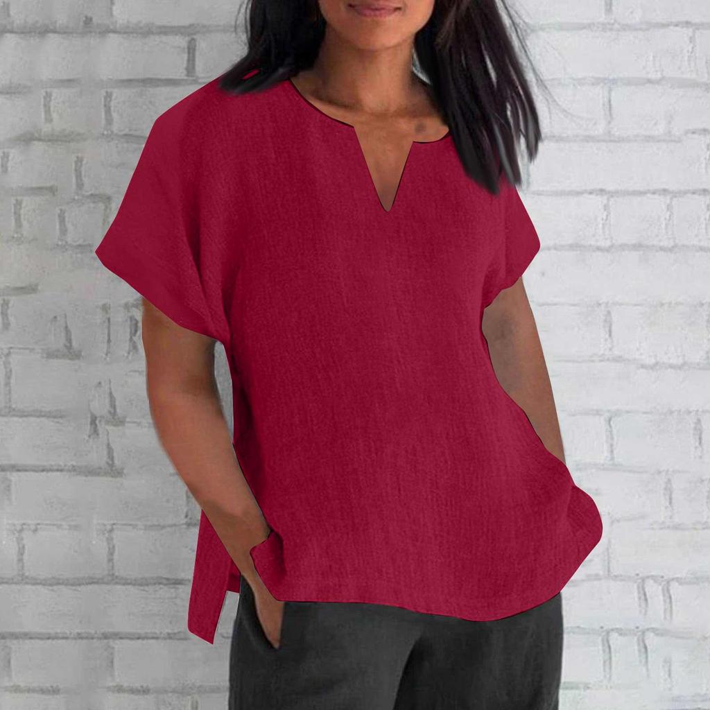 Women's Fashion Short Sleeve V-Neck Solid Colour Loose Casual Shirt Cotton Blouse