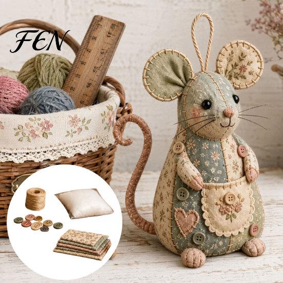 Floral Fabric Sewing Project Patchwork Mouse DIY Kit, Handmade Craft Set with Fabric, Stuffing & Cute Plush Decoration Buttons, Stuffed Ornament