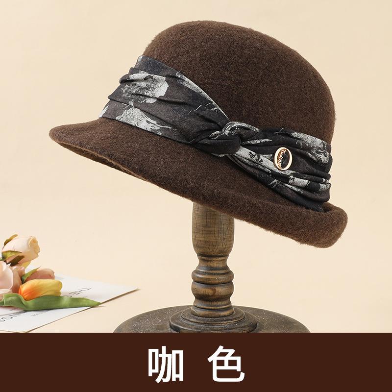 Wool Hat Women's Autumn and Winter Versatile Basin Hat Wool Blended Retro Elegant Top Hat Rolled Brim Bucket Hat