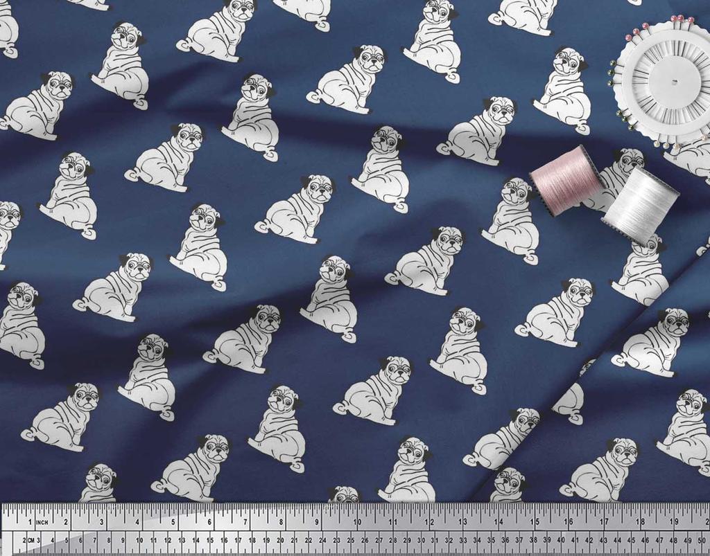 Soimoi Japan Crepe Satin Fabric Pug Dog Print Fabric by Metre 42 Inch Wide