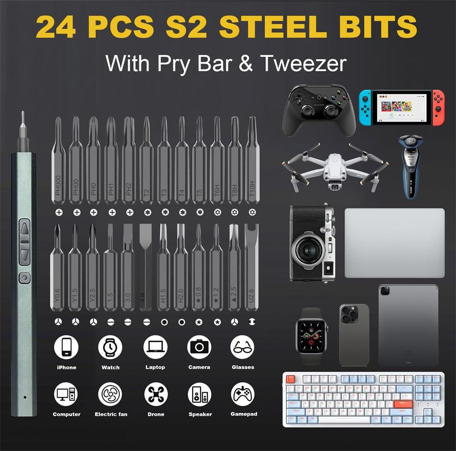 Precision Electric Screwdriver Set 30 In 1 LED Mini Power Tools 5 Torque 5/32 Inch Hex Magnetic Bits for PC Phone Glasses Repair