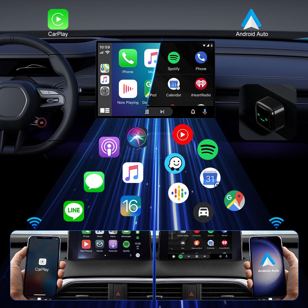 Мини 2-в-1 Беспроводной адаптер-донгл CarPlay Android Auto Совместим с 99% автомобилей Plug and Play WiFi Умный AI-донгл