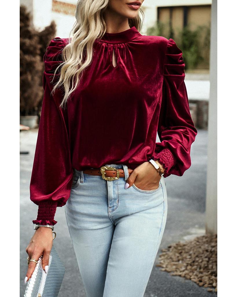 Azura Exchange Red Mock Neck Puff Sleeve Velvet Blouse