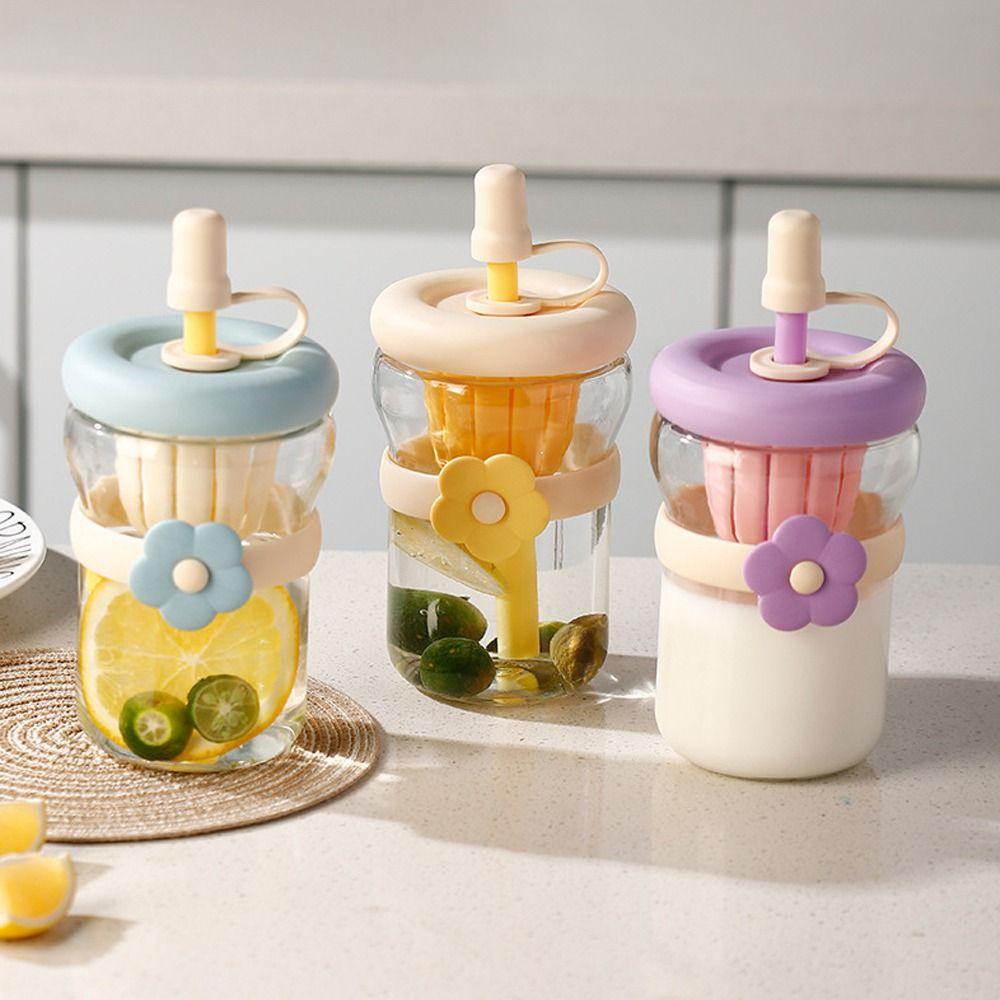Flower Patch Straw Cup Portable Water Bottle Cartoon Glass Water Cup for Boys and Girls
