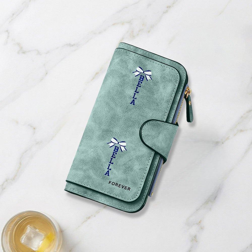 Blue bow with Bella name decoration printed long wallet multifunctional portable coin purse with clasp suitable for daily commuting large capacity