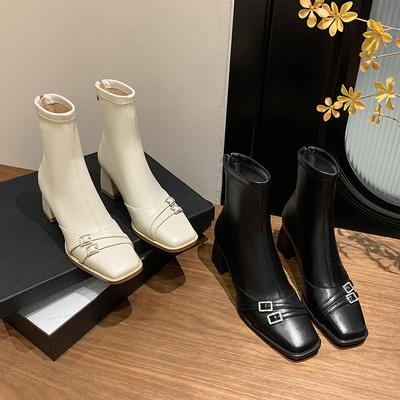 Короткие сапоги на грубом каблуке женские одинарные сапоги весна-осень 2024 новые французские темпераментные квадратные тонкие сапоги черные на высоком каблуке