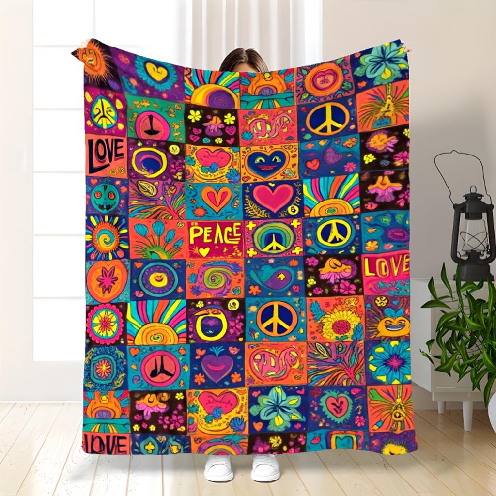 Soft Flannel Throw Blanket Hippie Peace Love Colorful Patchwork Print Lightweight Cozy Camping Sofa Bed Blanket