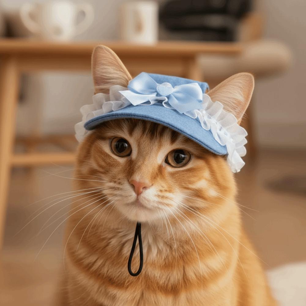 Lace Bow Dog Baseball Cap with Ear Holes Puppy Denim Cap Sweet Pet Sun Hat Cat