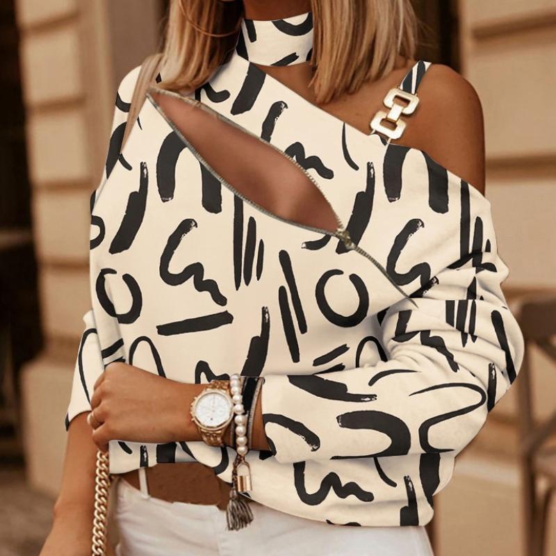 BITCED Женский осенне-зимний топ с длинным рукавом и цепочкой на шее, украшенный пуговицами с принтом