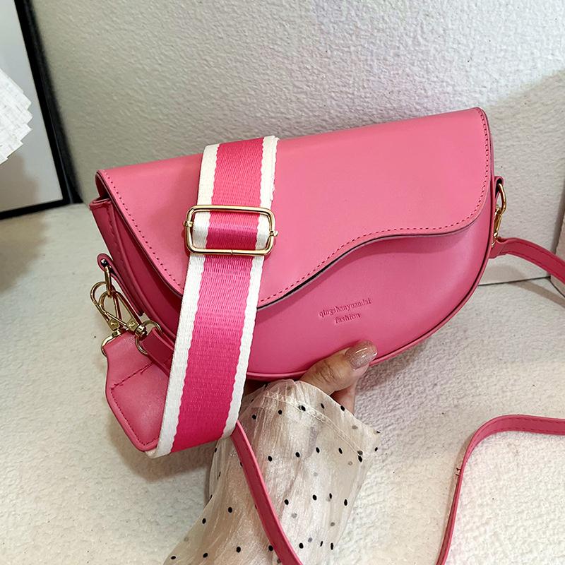 Women Vintage Solid Color Flap Small Saddle Shoulder Underarm Bag Fashion PU Leather Wide Strap Crossbody Bag