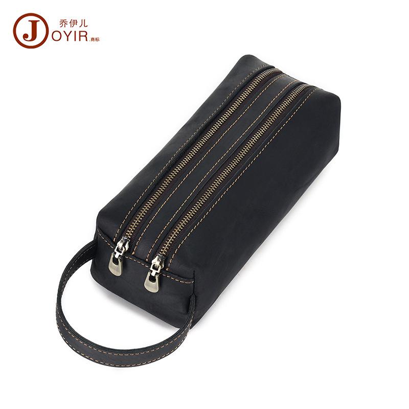 Crazy Horse Leather Handbag Handbag Multifunctional Leather Double Zipper Pencil Case Storage Bag Creative Leather Goods