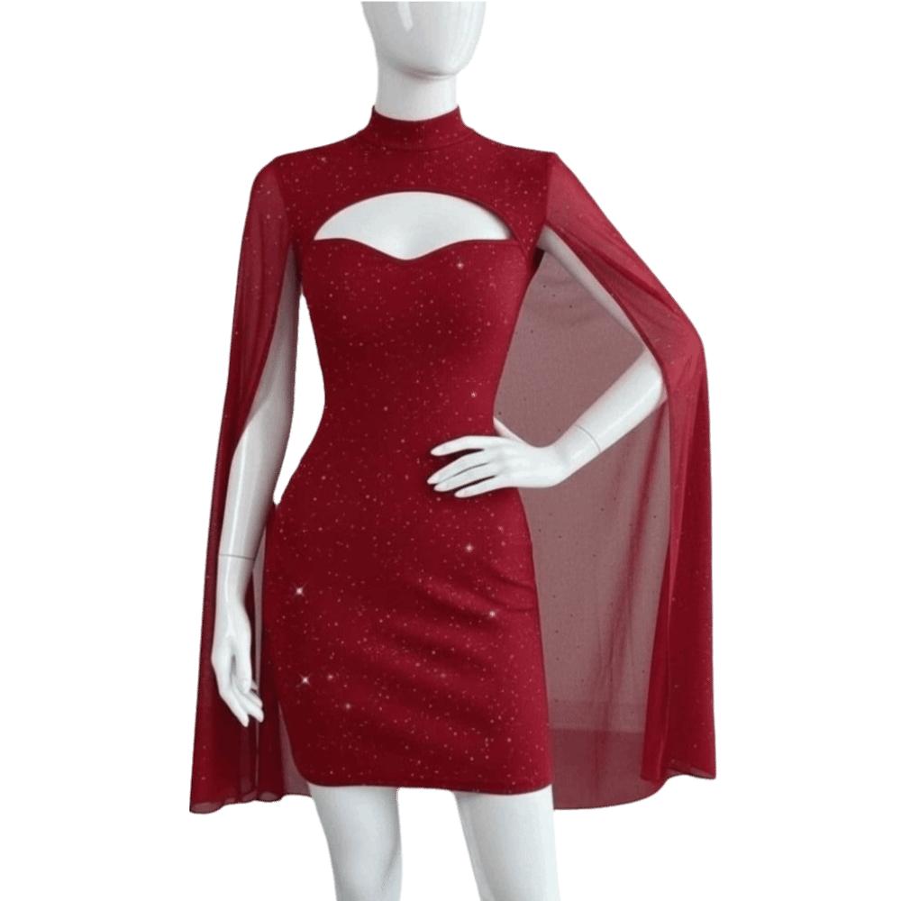 Sparkling Chiffon Cape Red Dress Half Neck Slim Evening Dress Ladies Girl