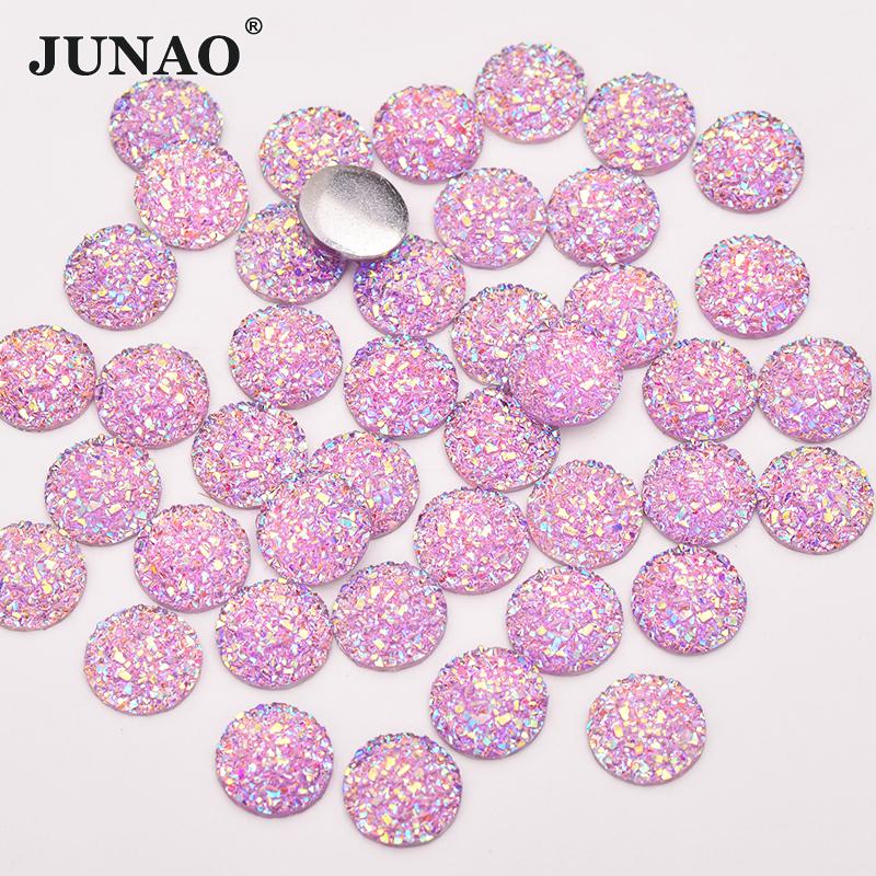 JUNAO 12mm 50Pcs Shiny Silver Round Rhinestone Applique Flatback Resin Gems Crystal Stone Stickers Non Sew Strass for Decoration