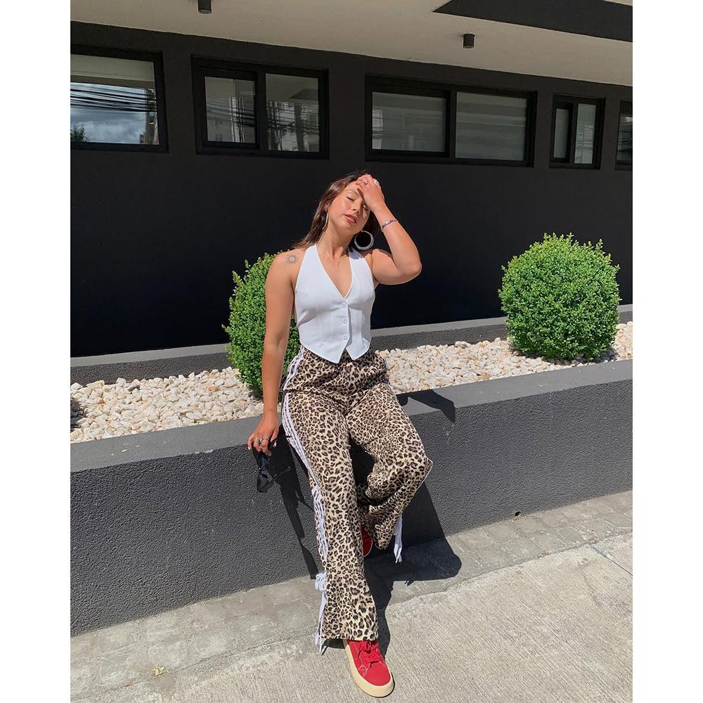 Fashion Leopard Print Striped Splicing Casual Pants Women's American Retro Loose Drape Thin Trousers