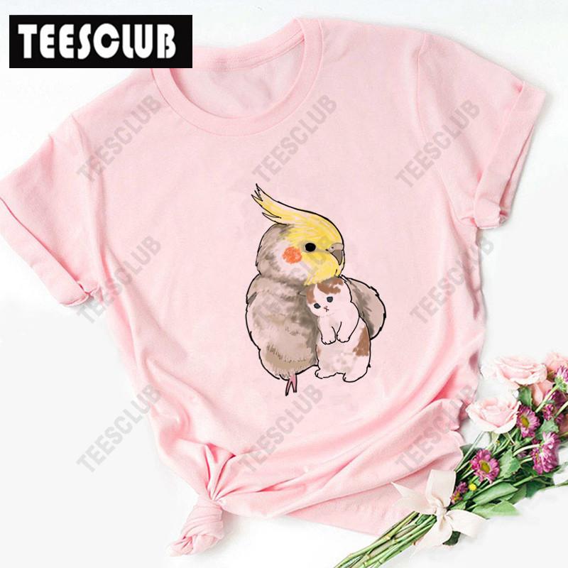 Women's Polyester 100% European-Style Cartoon Parrot Cat Print T-shirt Short Sleeve Harajuku Graphic Top Summer