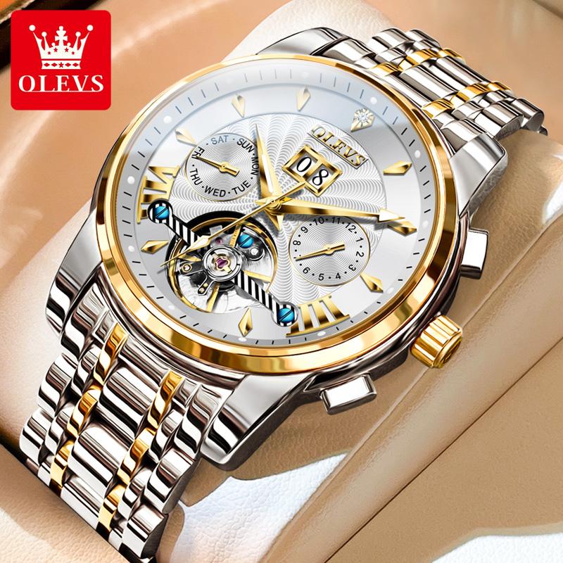 OLEVS 9965 Automatic Men's Watches Skeleton Flywheel Calendar Waterproof Luminous Multifunctional Mechanical Wrist Watch for Man