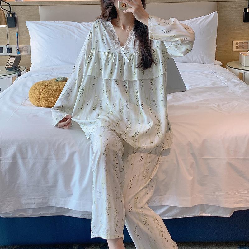 Cotton and silk pajamas women's spring and autumn 1011 new summer large size sweet pastoral style long sleeve anti-bumping loungewear set