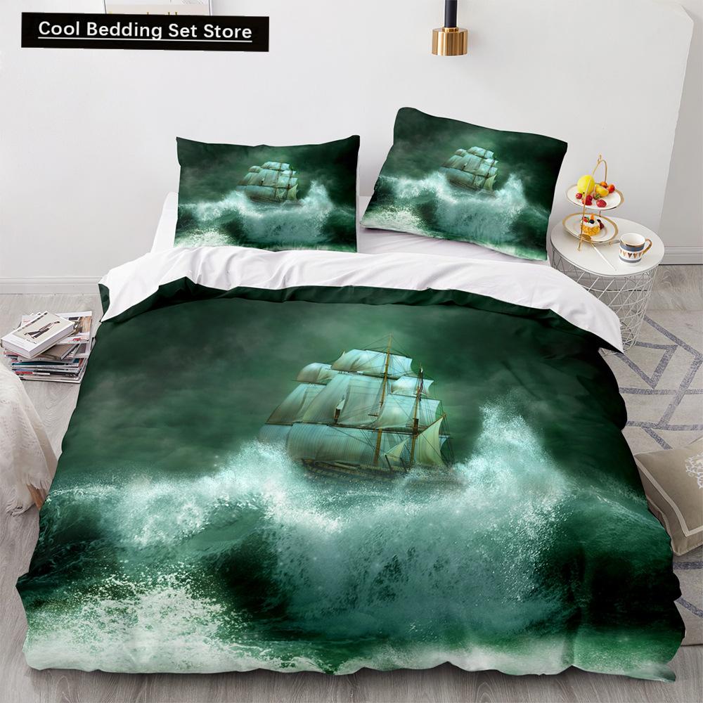 Vintage Sailboat King Queen Duvet Cover Nautical Ocean Bedding Set for Teens Adults Ship Fire Black 2/3pcs Polyester Quilt Cover