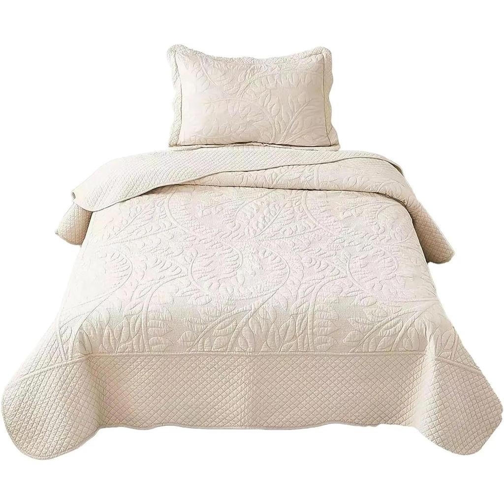 1-Piece 100% Cotton Twin Quilt Set Embroidered Quilted Bedding Bedspread Natural Beige Freight Free Nap Blanket Plaid
