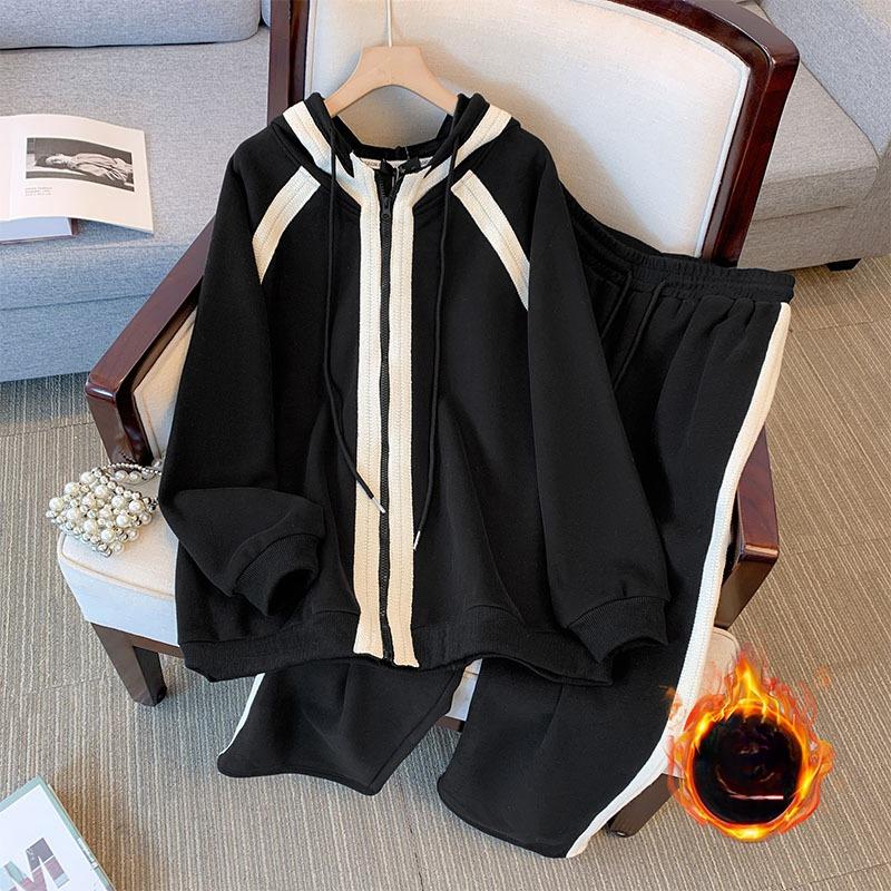 Women's Plus Size Autumn Plus Fleece Thick Cardigan Hoodie Retro Casual Pants Jacket Set