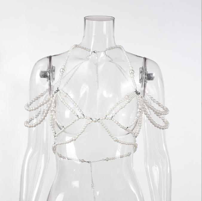 XH26918 Женская сексуальная майка-халтер с многослойной нагрудной цепочкой из искусственного жемчуга