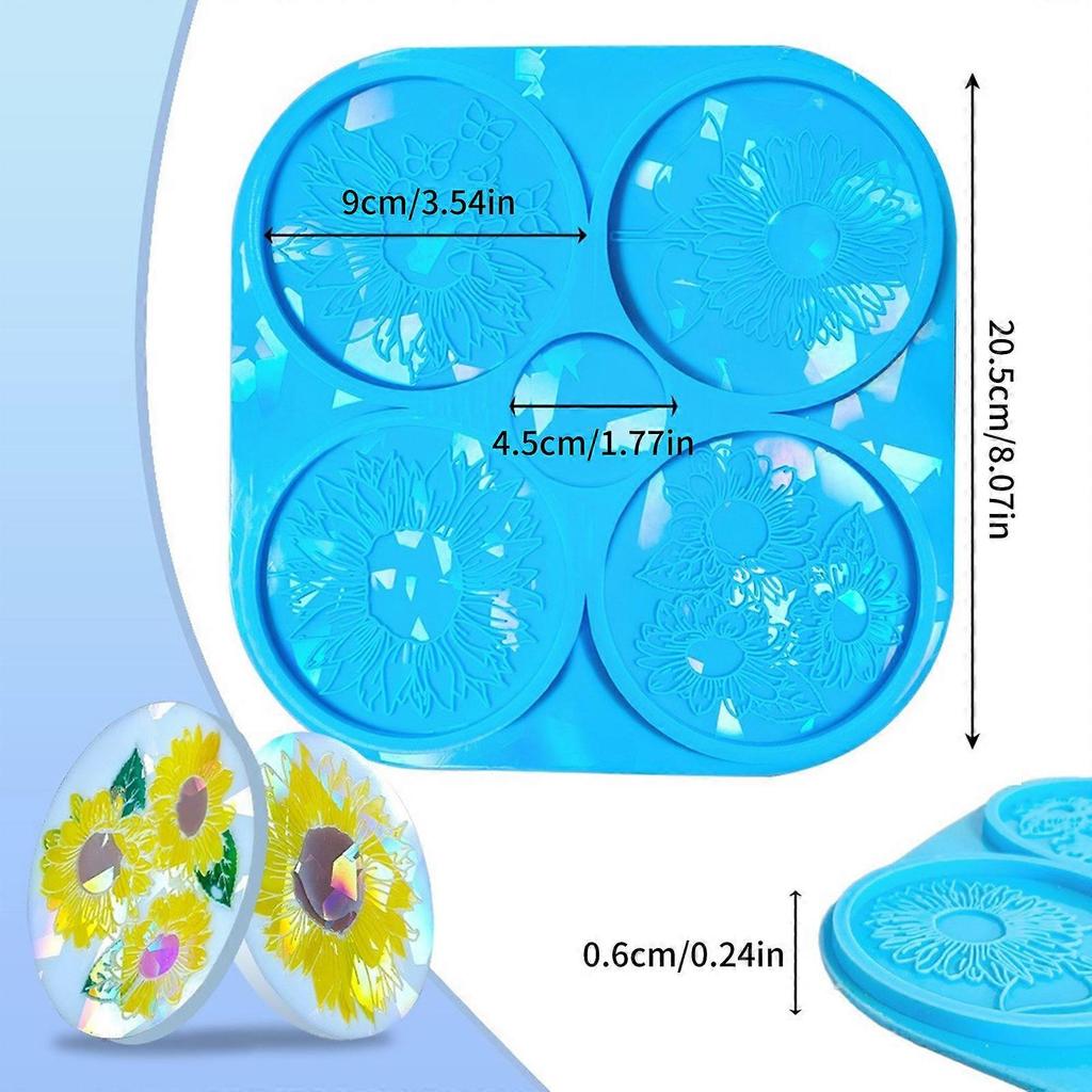 Holographic Resin Coaster Mold Flower Pattern Coaster Moulds Resin Casting Coaster Mold Silicone Molds for Hand Making Clear