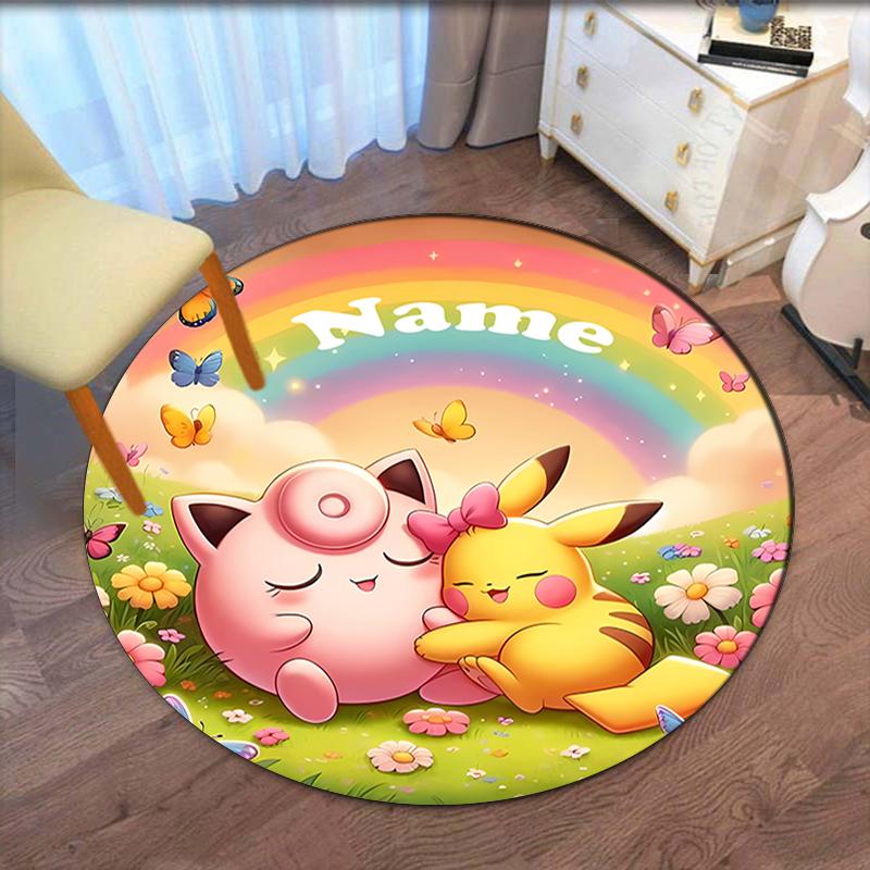 Custom Name Pokémon Printed Round Rug Carpet Chair Rug Area Rug Entryway Doormats,for Office Chair Living Room Bedroom Kitchen Room.