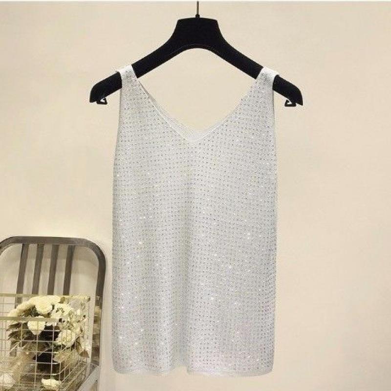 Women's Ice Silk Diamond Camisole Women's Loose Short Sleeveless Wild V-neck Bottoming Shirt Tank Summer Camis & Tank Tops