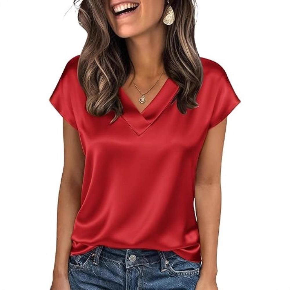 21-Color Women's Satin T-shirt Spring and Summer European and American Women's Clothing New V-neck Satin Casual Top Women