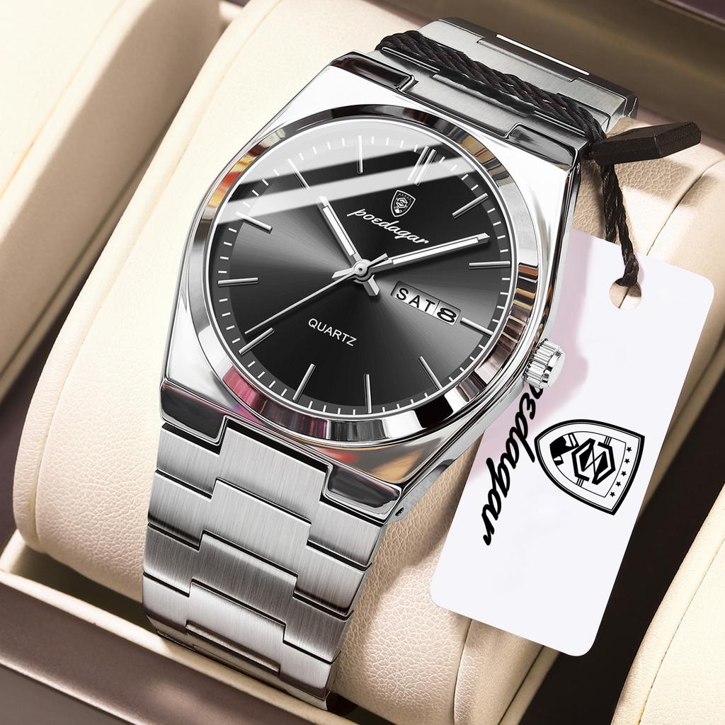 POEDAGAR Exquisite Business Men Watch Stainless Steel Waterproof Luminous Man Wristwatch Date Week Classic Men's Quartz Watches