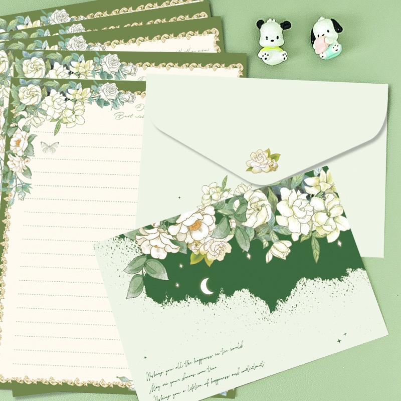 Gardenia flower envelope and letterhead, set, exquisite birthday card with high appearance, handwritten colorful artistic love letter letterhead