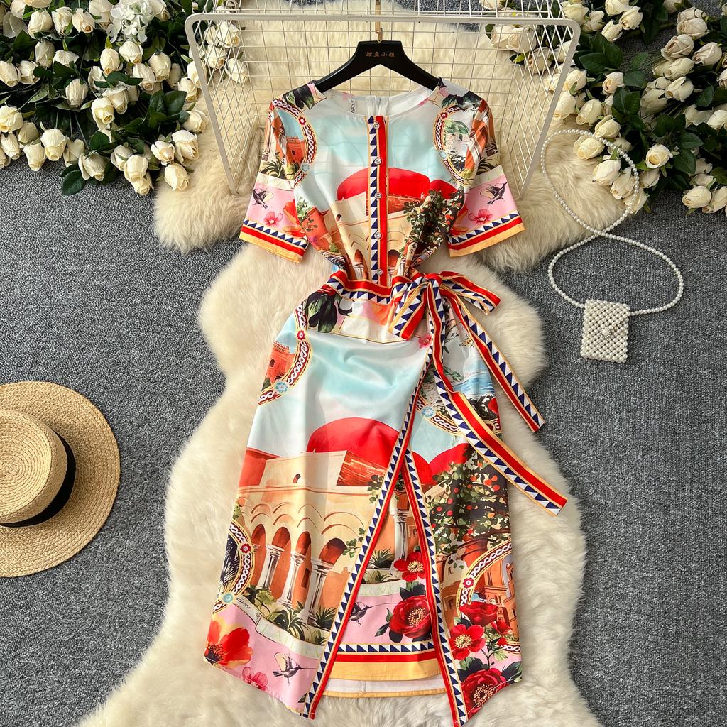 Летние женские дизайнерские винтажные принты на подиуме платья с коротким рукавом и шнуровкой, облегающие платья-карандаши для вечеринок