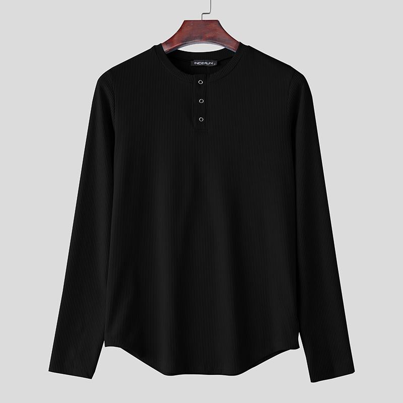 INCERUN Мужские повседневные облегающие топы с круглым вырезом и длинным рукавом в рубчик, футболки, майки