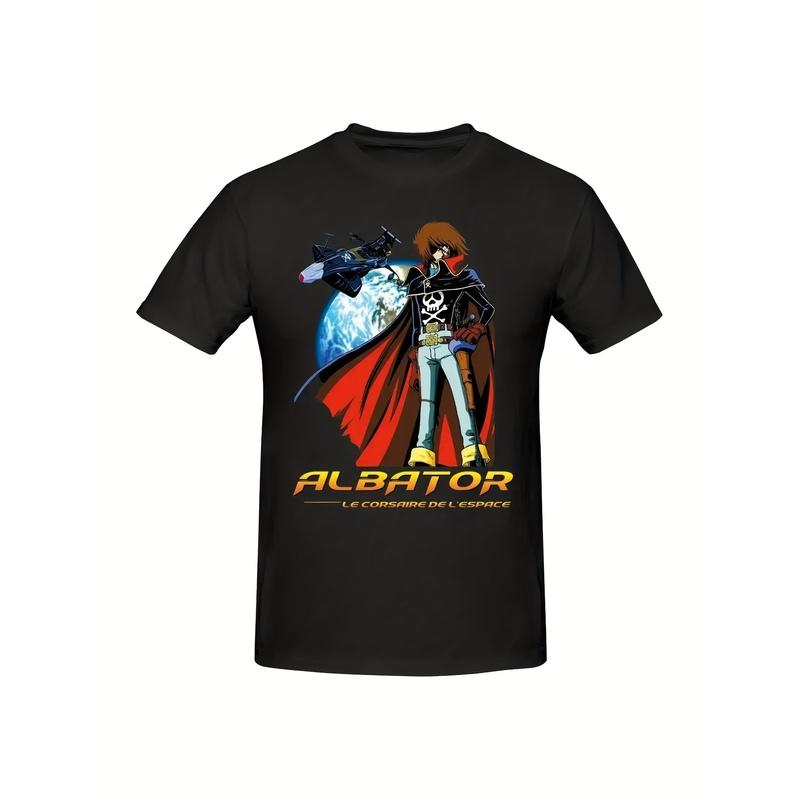 Men's Vintage Albator Captain Harlock Graphic T-Shirt - Black Cotton Short Sleeve Tee with Retro Anime Print, All-Season Casual Wear, Machine