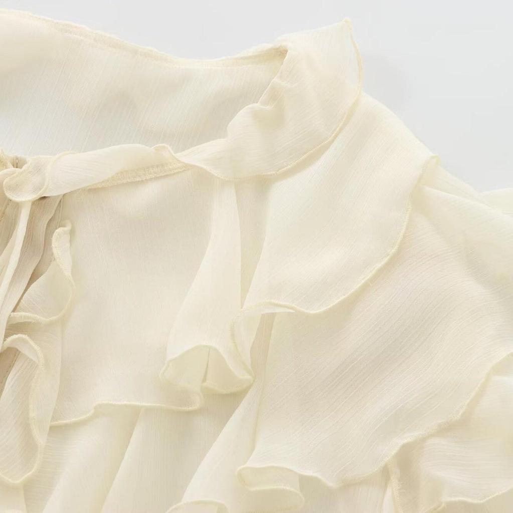Women's White Ruffled Semi-Transparent Round Neck Tie Long Sleeve Layered Shirt - New French Autumn Design