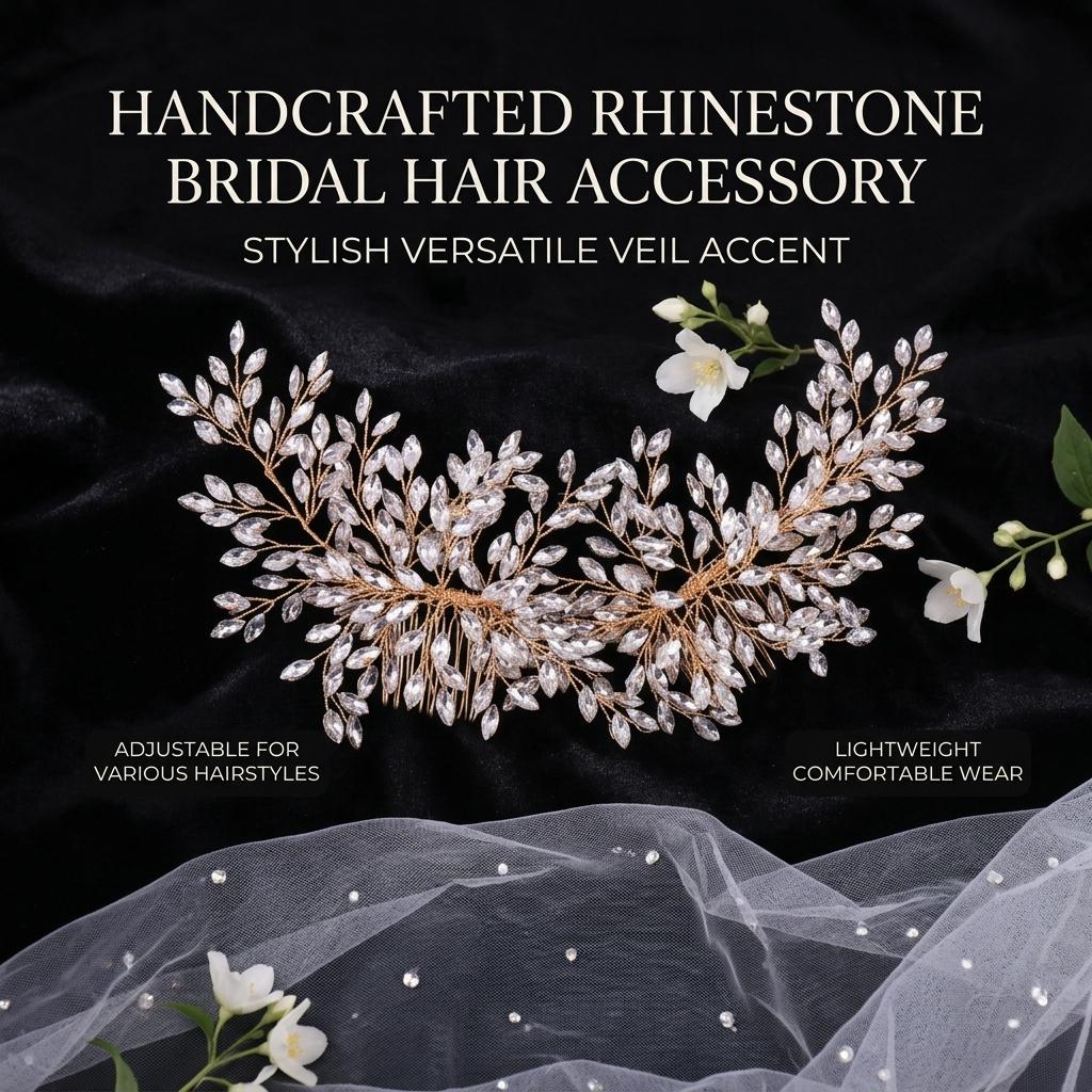 Bridal Hair Comb with Rhinestones for Wedding Veil Accessories Durable Alloy Base Crystal Embellishment Lightweight Design