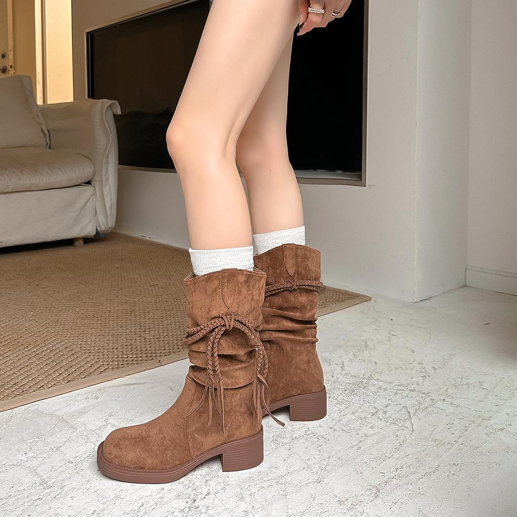 Thick-soled boots, scrap romantic Su hemp rope knight boots, suede thick heel round head medium boots
