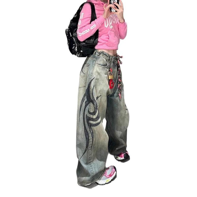 Womens High Waist Wide Leg Jeans Street Style Distressed Washed Graphic Print Long Pants