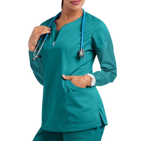 Nurse Uniform Top with 4 Pockets Zipper Half Placket Long Sleeve Side Slit Hem Loose Fit Nurse Scrub Top Workwear