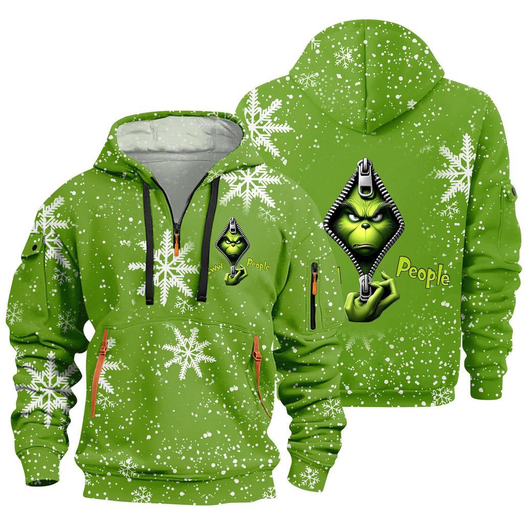 Men's Christmas Print Hooded Half-Zip Casual Sports Sweatshirt