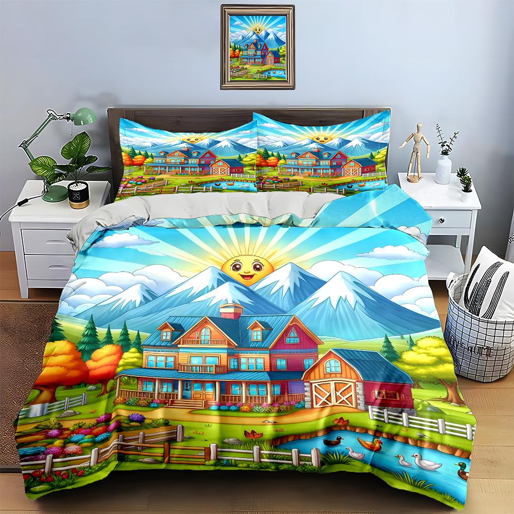 Sunny countryside scene Bedding Duvet cover sets Duvet covers Pillowcases gifts (1 * Duvet Cover 2 * Pillowcases, without duvet insert)