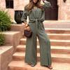 Women's Olive Green Button-Down Shirt with Knotted Hem and Wide-Leg Pants Set