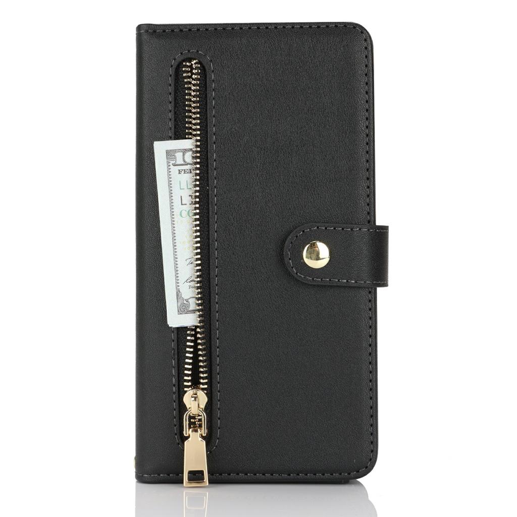 For iPhone 16 Stand Case PU Leather Phone Cover with Straps/Zipper Wallet/Multiple Card Slots