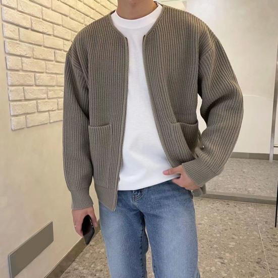 Men Cardigan Sweater Solid Color Full Zip Up Casual Sweater Warm Knitwear Jacket with 2 Front Pockets for Autumn And Winter