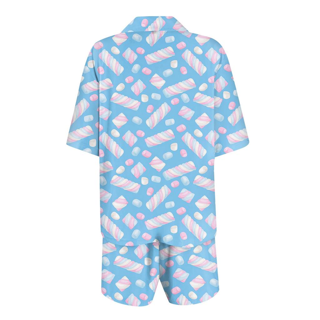 Женская шелковая пижама с пуговицами, домашняя одежда, принт со звездами, короткий рукав, атласный пижамный комплект из 2 предметов