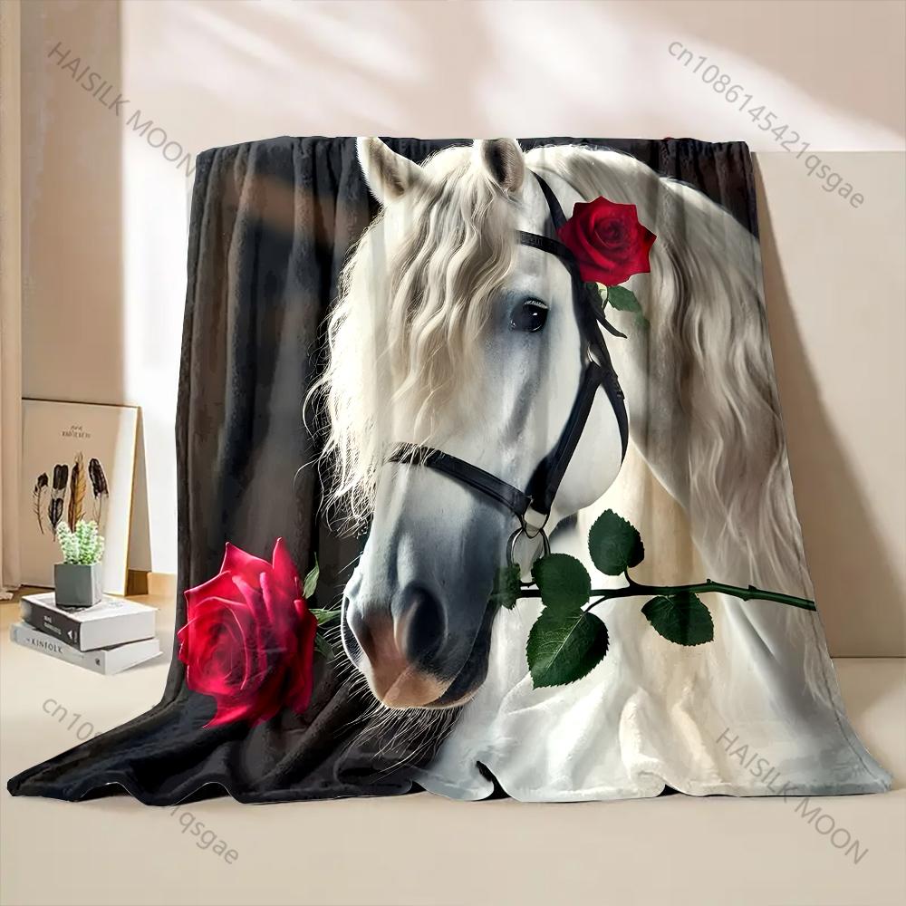 Horse holding a red rose Print Blanket Warm Soft for Sofa Bed Home Travel Camping Blanket All Seasons Luxury Gifts